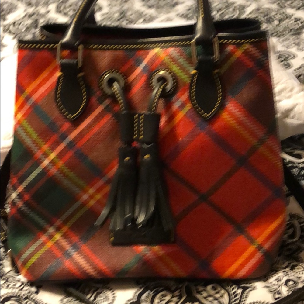 Dooney & bourke red tartan drawstring bucket bag